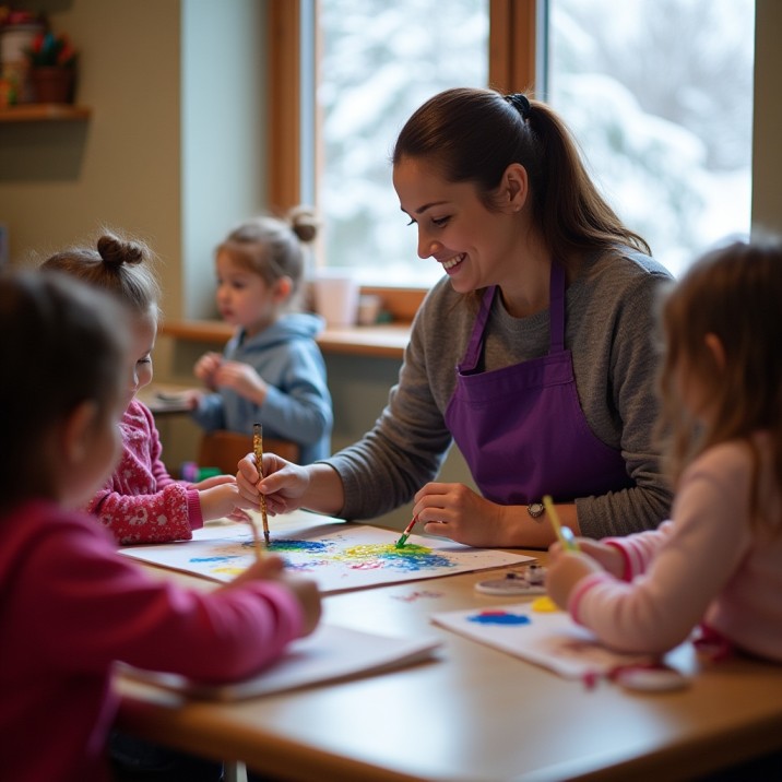 Daycare classroom art activity with preschool children and teacher